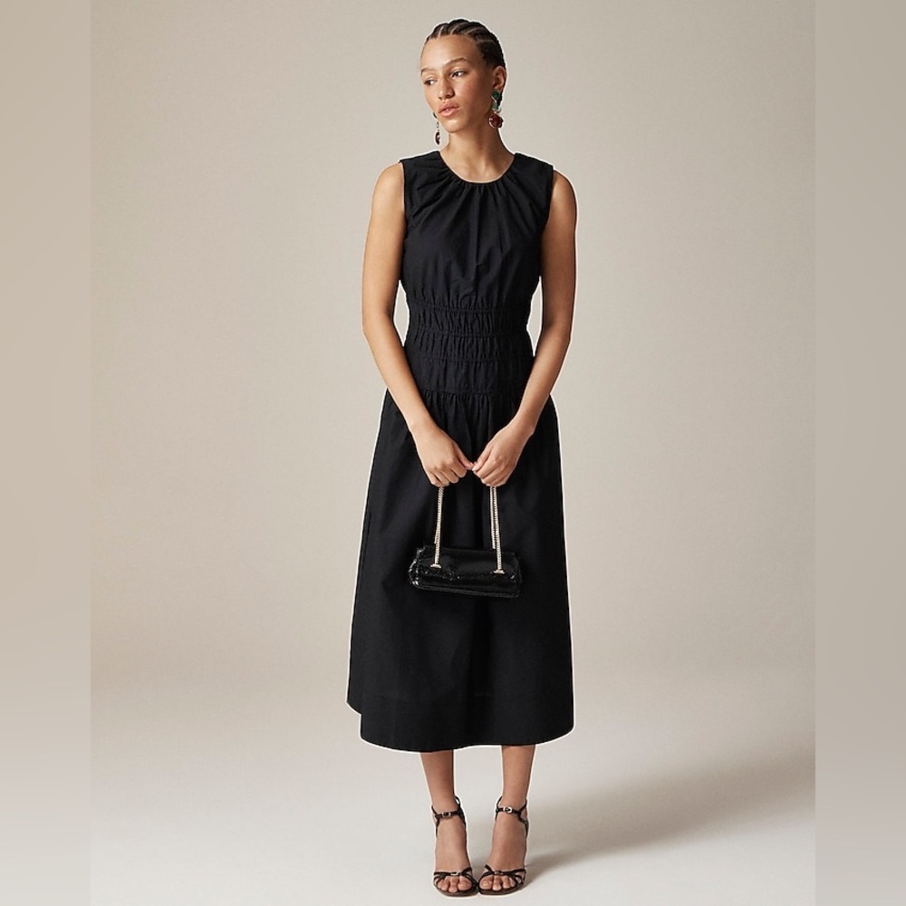 NWT J.Crew Hyacinth midi dress in cotton poplin Black Medium Smocked Preppy
